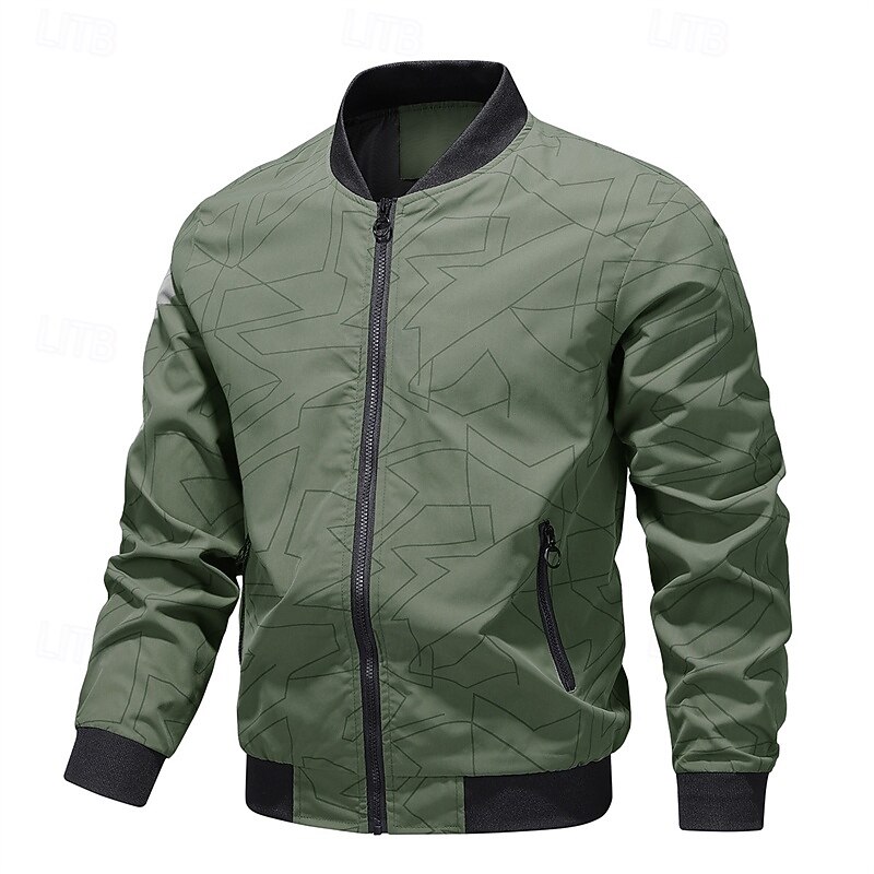 Men's Lightweight Jacket Casual Jacket Vacation Daily Pocket Spring Fall Geometic Fashion Classic Stand Collar Regular Black Army Green Beige Jacket3