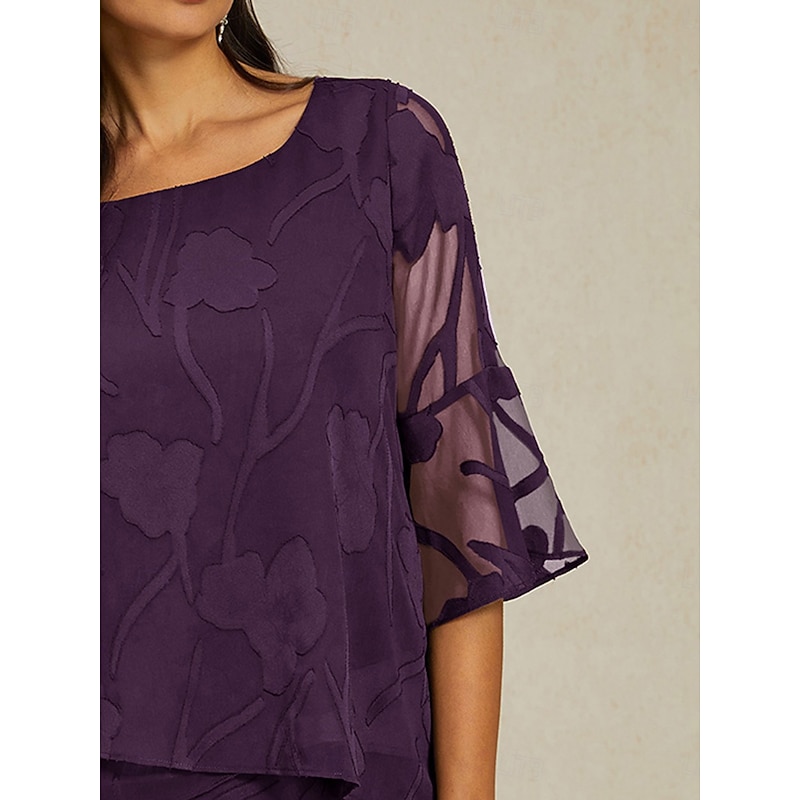 Women's Lace Shirt Blouse Dressy Tops Chiffon Tops Solid Color Floral Flower Elegant Stylish 3/4 Length Sleeve Bell Sleeve Boat Neck Regular Tops Wedding Guest Work Daily Asymmetric Hem Eggplant3