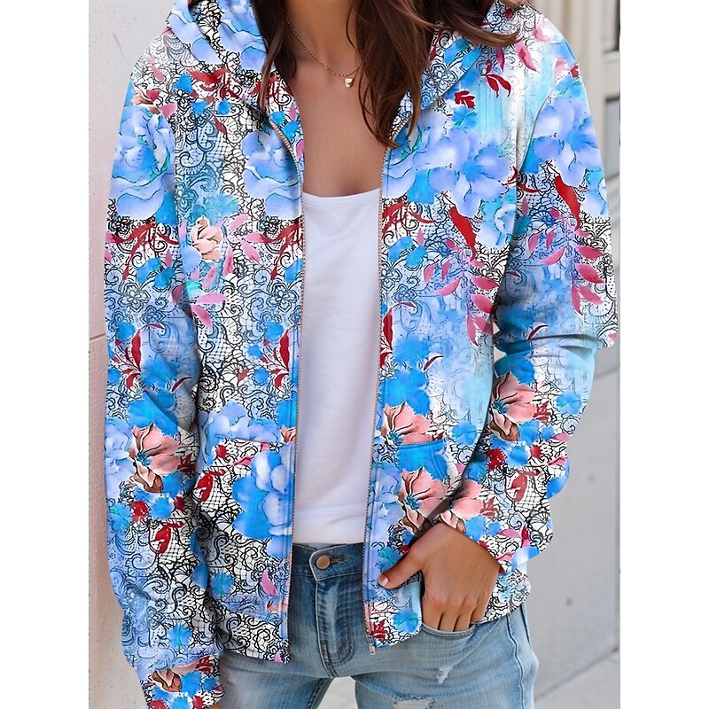 Women's Hooded Sweatshirt Jacket Long Sleeve Zip Up Hoodie With Pocket Lightweight Casual Micro-elastic Floral Graphic Fashion Street Dailywear Pocket Print Yellow Pink Blue Orange Spring Fall4