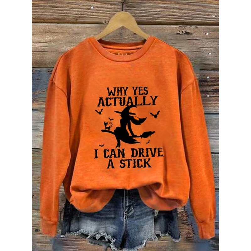 Halloween Women's Pullover Sweatshirt Witch Graphic Fashion Casual Long Sleeve Crew Neck Round Neck Regular Tops Street Dailywear Casual Print Black White Yellow Red Orange Fall Winter