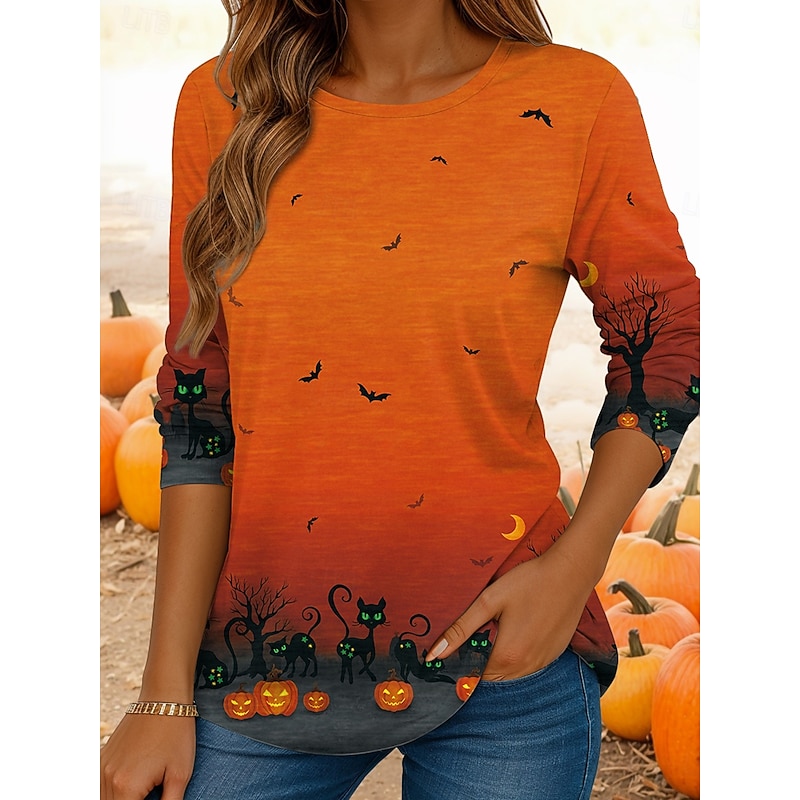 Halloween Women's T shirt Ghost Long Sleeve Crew Neck Long Sleeve Tunic Graphic Vintage Casual Regular Tops Daily Print Yellow Pink Orange Spring Fall Prefall3