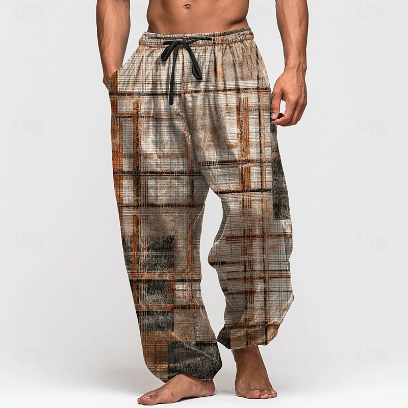 Men's Color Block Patchwork Trousers Baggy Pants Casual Pants Mid Waist Retro Vintage Outdoor Vacation Elastic Drawstring Waist Linen-Like Pants with Pockets Summer Spring Fall 3D Print Blue Green