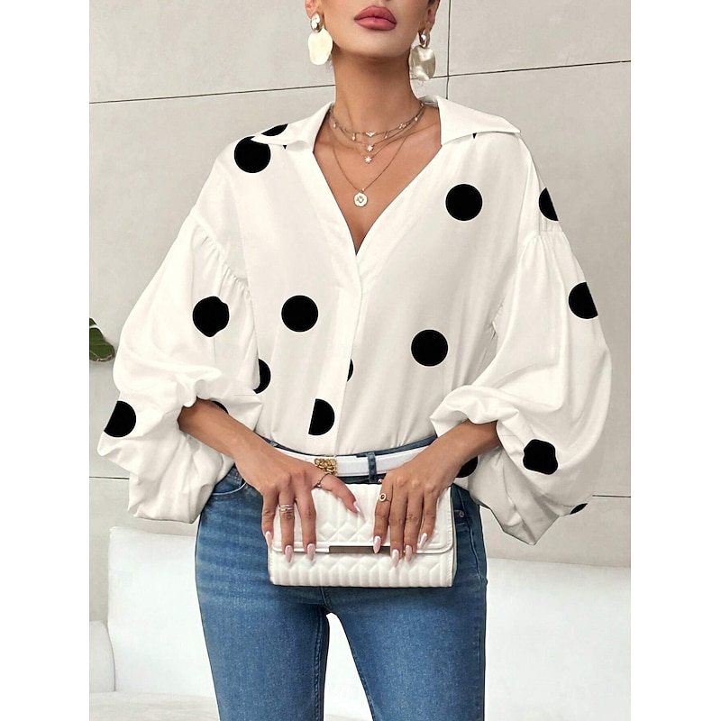 Women's Blouse Graphic Polka Dot Elegant Stylish Casual 3/4 Length Sleeve Puff Sleeve Crew Neck Regular Tops Daily Holiday Black White Red Navy Blue Green Spring Fall3