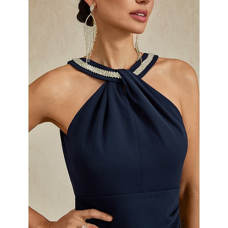 Women's Midi Dress Sheath Dress Elegant Wedding Party Wedding Guest Regular Fit Solid Color Sleeveless Halter Neck Off Shoulder Navy Blue Fall Winter2