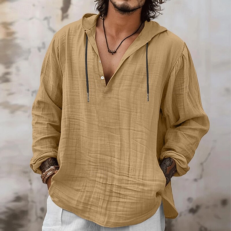 Men's Shirt Linen Shirt Viking Style Summer Shirt Beach Wear Hooded Shirt Solid Color Vacation Street Navy Blue Sky Blue Orange Khaki Long Sleeve Hooded Summer Spring Clothing Apparel Drawstring4