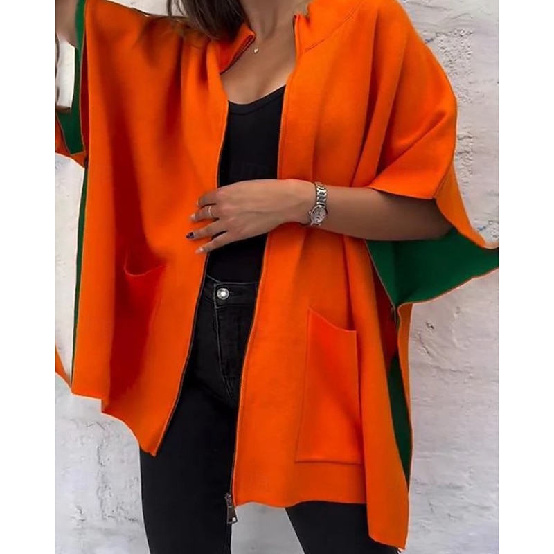 Women's Casual Jacket Comfortable Pocket Casual Plain Going out Casual Daily Zipper Regular Stand Collar Regular Fit Half Sleeve Outerwear Orange Green Rose Red Fall Winter