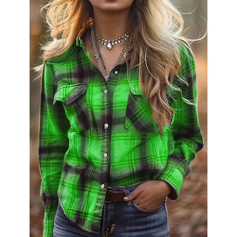 Women's Shirt Graphic Plaid Vintage Tropical Daily Long Sleeve Shirt Collar Regular Tops Work Daily Buttons Print Yellow Red Blue Purple Green Spring Fall3