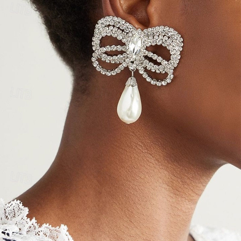 Women's Stud Earrings Geometrical Drop Precious Bowknot Elegant Fashion Pearl Earrings Jewelry Silver For Wedding Party Gift 1 Pair