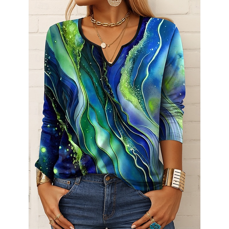 Women's T Shirt Ombre Graphic Geometric Vintage Stylish Casual Long Sleeve Notched Neck Regular Tops Daily Print Army Green Blue Sky Blue Green Summer Spring Fall3