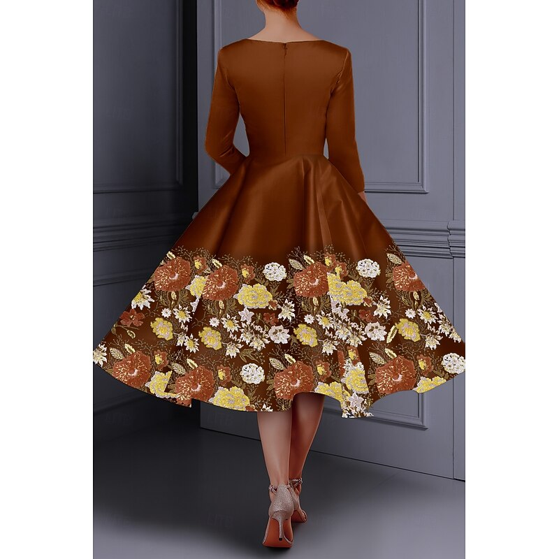 A-Line Evening Gown Embroidered Floral Elegant Dress Formal Wedding Floor Length 3/4 Length Sleeve Crew Neck Pocket Stretch Satin with Glitter3