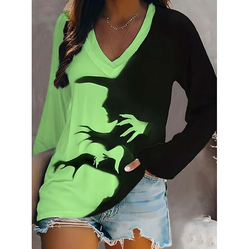 Halloween Women's T shirt Witch Long Sleeve V Neck Long Sleeve Graphic Casual Elegant Vintage Stylish Regular Tops Daily Going out Weekend Print Purple Green Dark Gray Spring Fall Prefall2