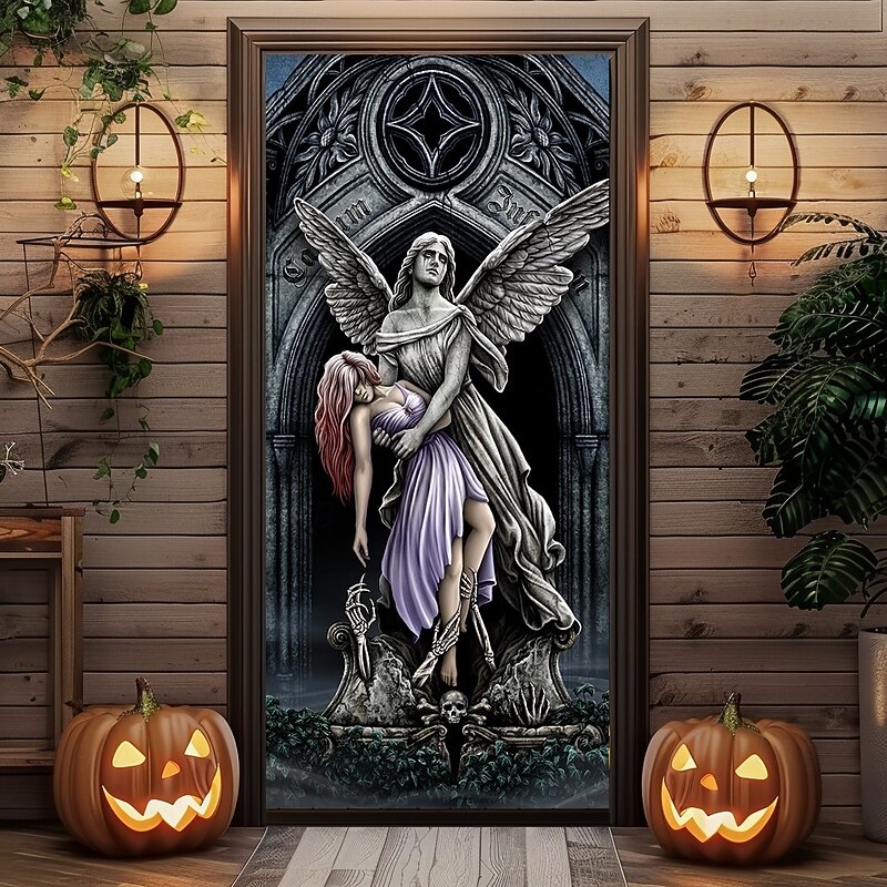 Halloween Door Covers the eternal fight by Sarah RIchter Door Tapestry Door Curtain Decoration Backdrop Door Banner for Front Door Farmhouse Holiday Party Indoor Outdoor Decor Supplies2
