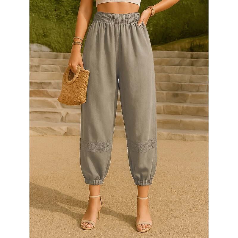 Women's Cotton Linen Pants Chinos Basic Casual Full Length High Waist Floral Embroidered Comfort Outdoor Inelastic Vacation Street Causal Green Apricot Coffee Summer Spring Fall Regular Fit2