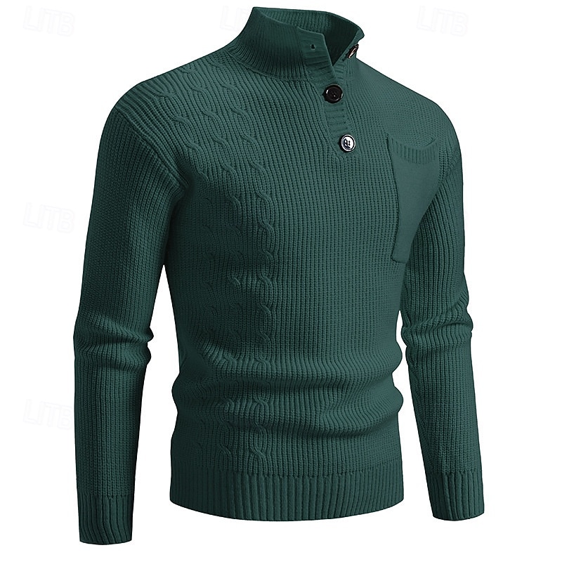 Men's Pullover Sweater Jumper Knit Sweater Ribbed Knit Regular Tops Pocket Knitted Plain Stand Collar Fashion Basic Vacation Daily Wear Clothing Apparel Fall Winter Black Wine M L XL