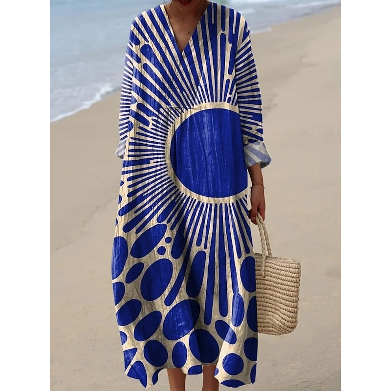 Women's Midi Dress V Neck Long Sleeve Kaftan Lightweight Loose Fit A Line Dress Casual Boho Going out Graphic Geometric Stripe Long Sleeve V Neck Ash Black Yellow Blue Fall2