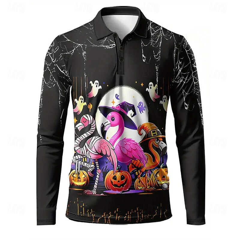 Halloween Men's Pumpkin Ghost Polo Long Sleeve Polo Shirts Lapel Casual Horror Dark Outdoor Daily Wear Festival Outfit 3D Print Buttons Spring Fall Winter Black2