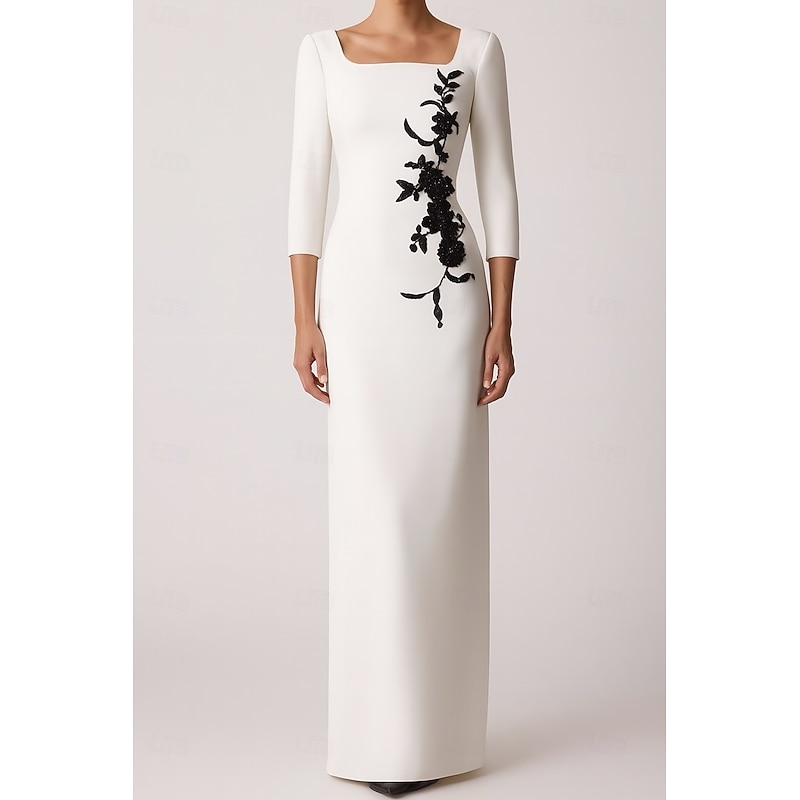 Black and White Sheath / Column Evening Gown Elegant Dress Formal Wedding Floor Length 3/4 Length Sleeve Square Neck Stretch Crepe with Floral Beaded Lace4