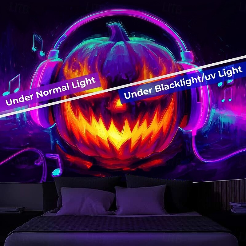 Halloween Blacklight Wall Tapestry – UV Reactive Evil Grinning Pumpkin Face with Headphones, Neon Colors Spooky Music Party Theme, Glow in the Dark Wall Hanging for 2025 Halloween Party Decoration3
