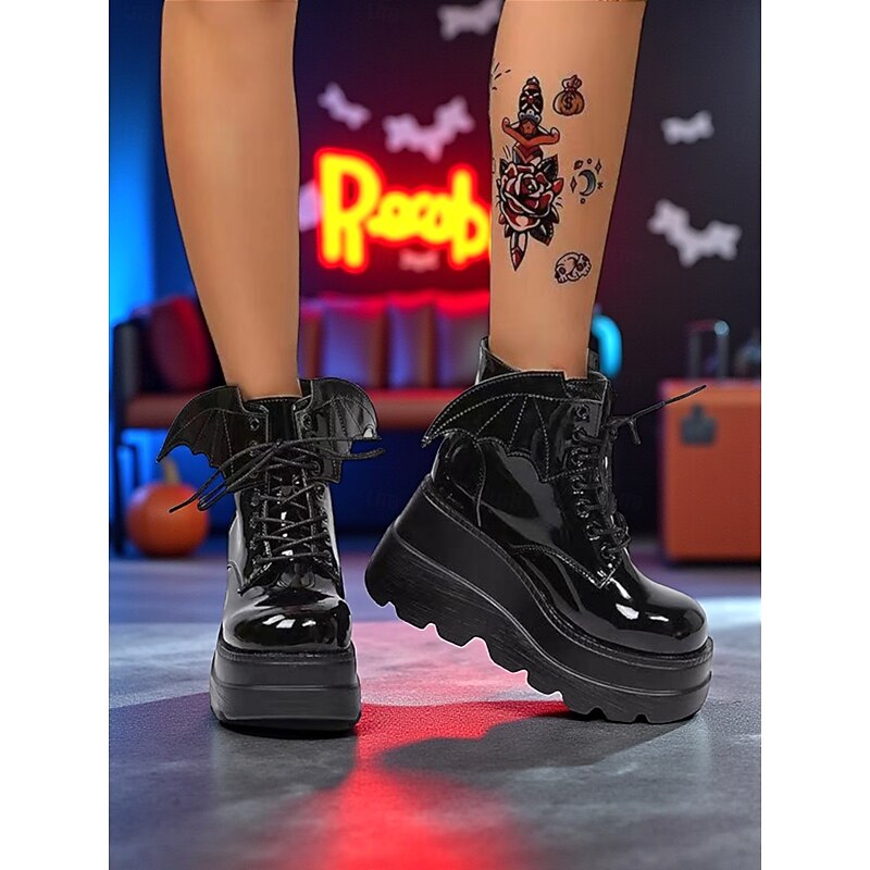 Women's Black Patent Leather Platform Ankle Boots - Bat Wing Lace-Up Gothic Punk Shoes, Chunky Heel Cosplay Boots for Halloween, Parties, and Alternative Fashion Outfits3
