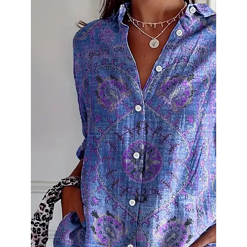 Women's Shirt Button Down Tunic Shirt Collar Long Sleeve Floral Graphic Elegant Vintage Tropical Regular Tops Daily Holiday Beach Wear s Print Light Purple Spring Fall2