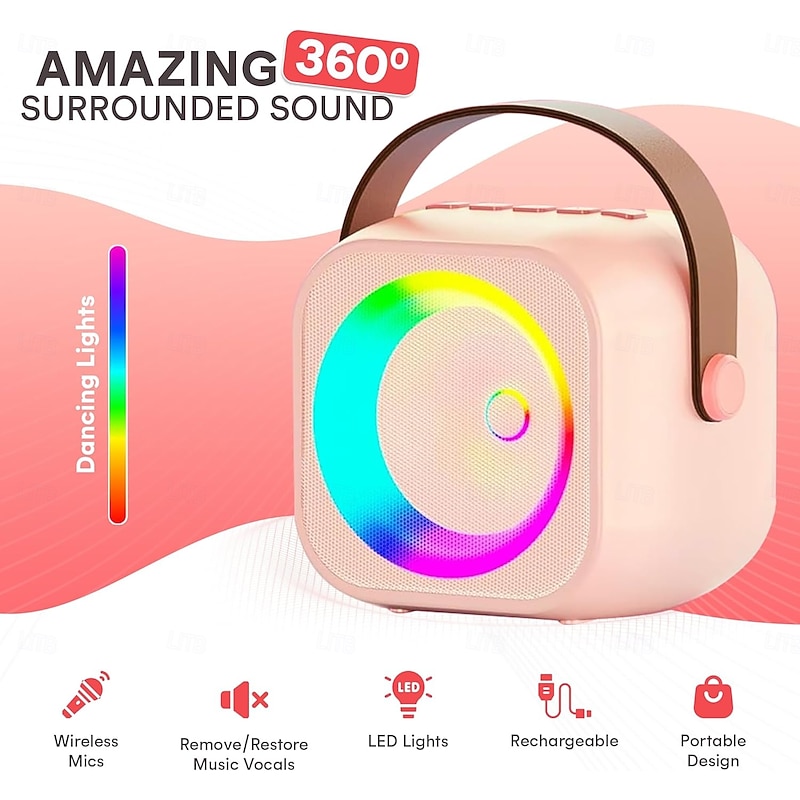 Mini Mic Pro Mini Karaoke Machine for Kids Adults, Portable Bluetooth Speaker with 1/2 Wireless Microphones, Birthday Gifts Toys for Girls4