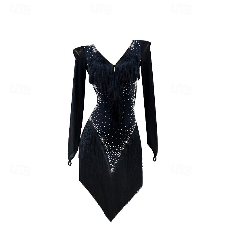 Latin Dance Dress Women's Performance Salsa Dance Tassel  Dress Long Sleeve Rumba Samba Chacha Party Stage Dancewear Clothes3