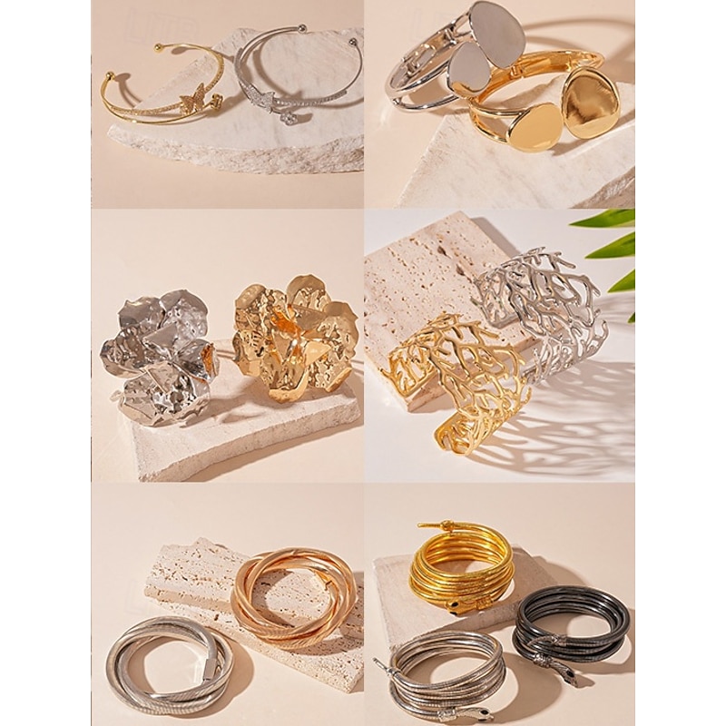 Women's Party Bracelet Set - Stylish Gold and Silver Plated Cuff and Chain Bangles, Fashion Statement Jewelry for Women, Perfect for Cocktail and Evening Parties3