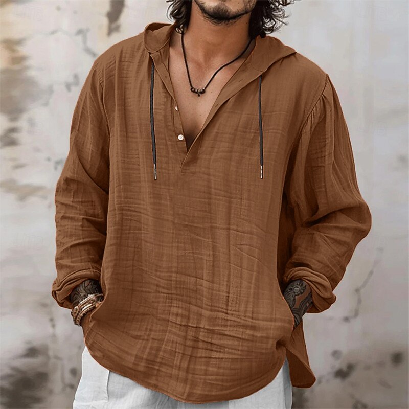 Men's Shirt Linen Shirt Viking Style Summer Shirt Beach Wear Hooded Shirt Solid Color Vacation Street Navy Blue Sky Blue Orange Khaki Long Sleeve Hooded Summer Spring Clothing Apparel Drawstring