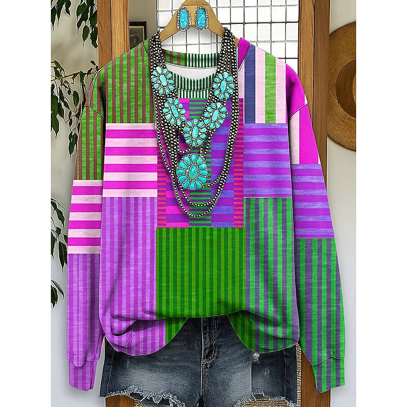 Women's Sweatshirts Graphic Striped Casual Long Sleeve Crew Neck Regular Tops Street Dailywear Casual Print Yellow Red Blue Purple Fall Winter3
