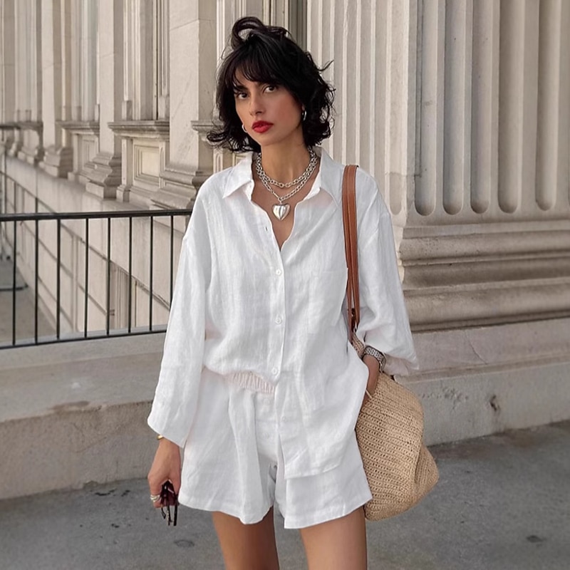 Women 100% Cotton Elegant Vacation Vintage Shorts Sets Long Sleeve Shirt Collar Plain Vacation Casual Daily White Summer3