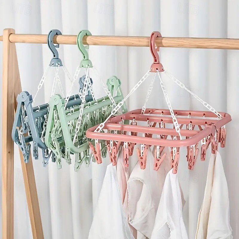 3PCS Rotating 32-Clips Plastic Drying Hanger, Foldable Space-Saving Clothes Rack for Socks, Underwear & Small Items, Laundry Room Accessories for Bedroom, Bathroom, Closet & Dorm