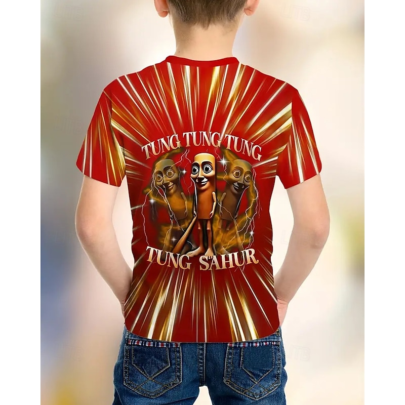 Boys' T-Shirt with Cartoon Character Print - Tung Tung Tung Sahur Design 3D Graphic T shirt Tee Short Sleeve Summer Spring Fashion Basic Kids 4-12 Years Crew Neck Outdoor Casual Daily Regular Fit2