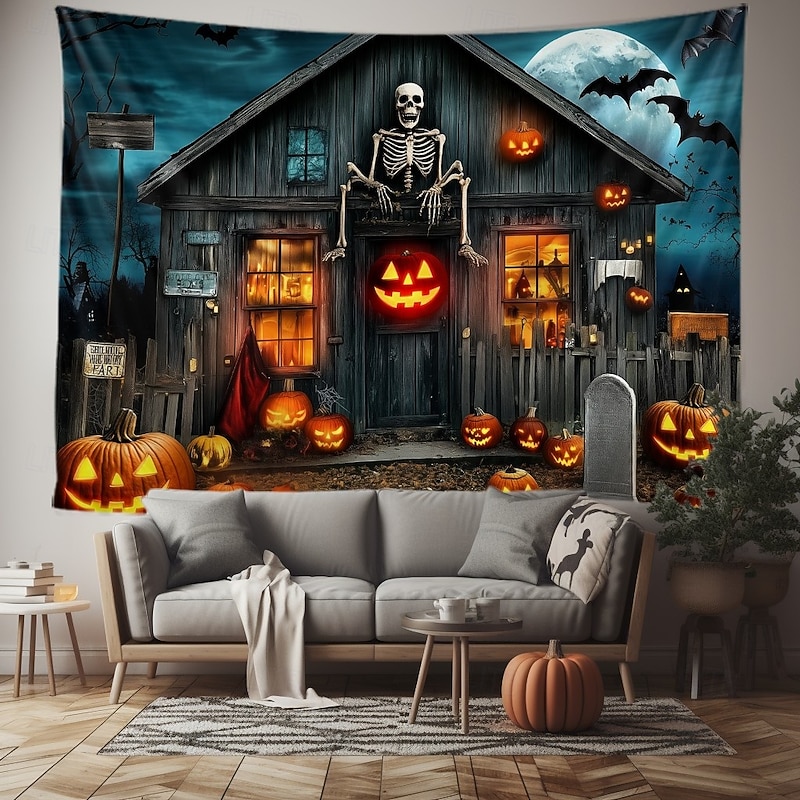 Halloween Haunted House Wall Tapestry – Skeleton and Glowing Jack-o'-Lantern Porch Scene, Spooky Night Sky, Gothic Backdrop for 2025 Halloween Living Room, Bedroom, Party Decoration3