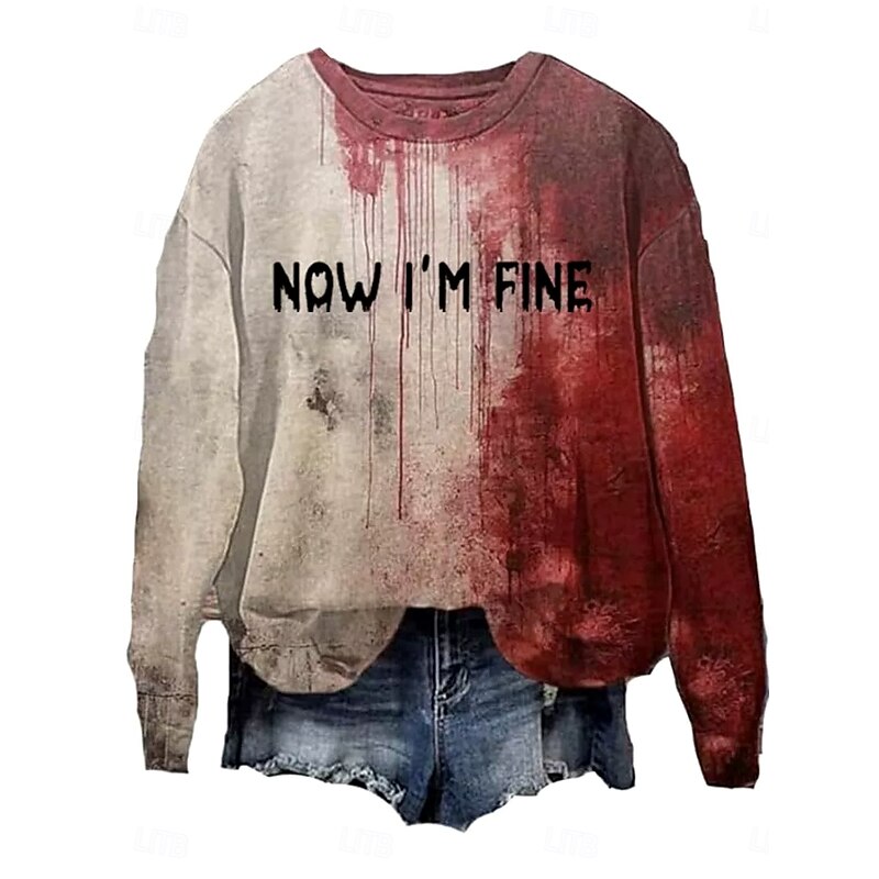 Halloween Women's Pullover Sweatshirt Bloodstain Graphic Letter Casual Long Sleeve Crew Neck Regular Tops Party Evening Wear Street Casual Print Wine Red Khaki Spring Fall Winter2
