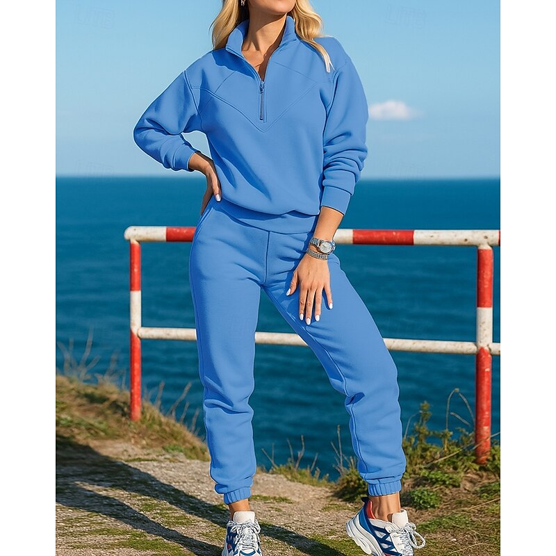 Women's Tracksuit Sweatpants Pullover Sweatshirt Quarter Zipper Solid Colored Clothing Suit Fall & Winter White Blue Hiking Workout Athletic Thermal Warm Windproof Lightweight Long Sleeve Sport4