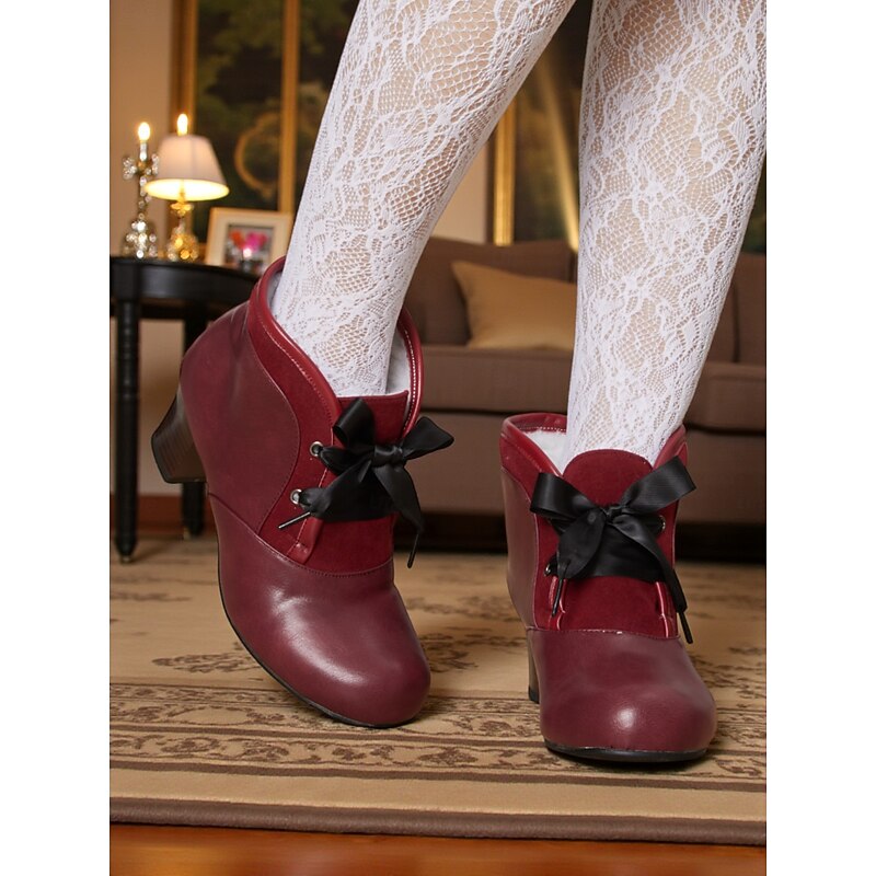 Women's 1900s Victorian-Inspired Burgundy Ankle Boots – Faux Leather Lace-Up Heeled Booties with Ribbon Bow for Daily Wear & Vintage Outfits3