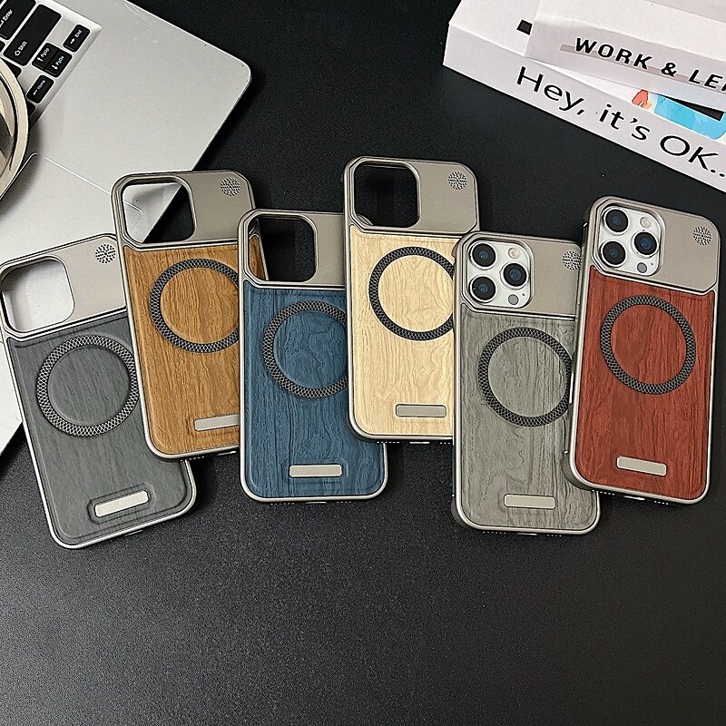 Phone Case For iPhone 17 Pro Max 17 Air 16 15 14 Pro Max Plus 13 Pro Max Back Cover Magnetic Shockproof Wood Grain PC