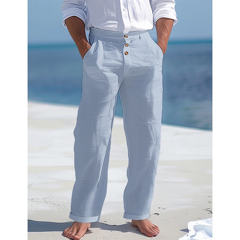Men's Linen Pants Trousers Summer Pants Beach Pants Front Pocket Straight Leg Plain Comfort Breathable Business Casual Daily Fashion Basic Black White3