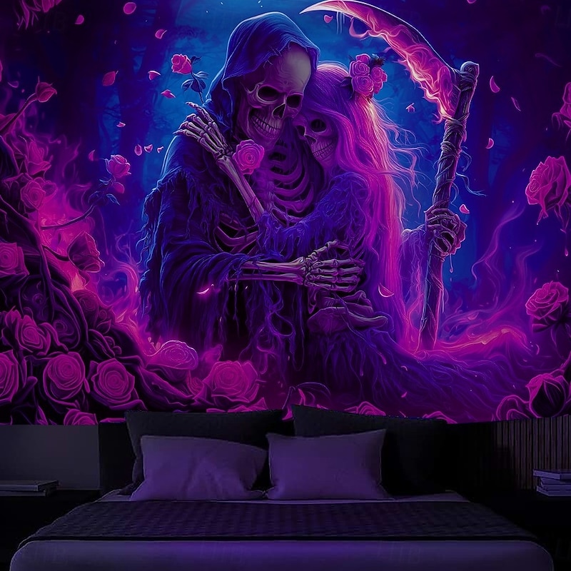 Halloween Wall Tapestry Neon Grim Reaper with Hourglass Design, Glowing Blacklight Decoration for 2025 Halloween Bedroom, Living Room, Dorm, or Party Backdrop2