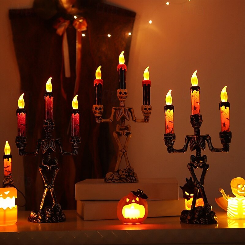 Halloween Skeleton Candlestick Lamp Ghost Festival Horror Decoration Props Pumpkin Lamp Skull Ornaments LED Electronic Candle Lamp AAA Battery Powered2