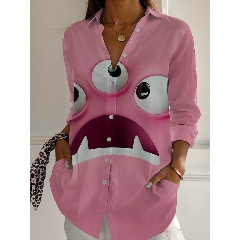 Women's Cartoon Funny Smile Face Shirt Active Daily Stylish Long Sleeve Shirt Collar Regular Tops Daily Holiday Buttons Print Pink Purple Spring Fall3