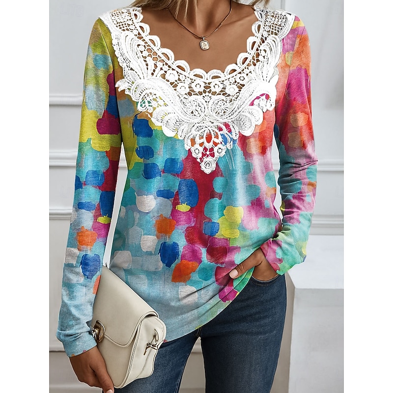 Easter Women's Blouse Tunic Lace Splicing V Neck Long Sleeve Floral Graphic Plants Elegant Round Neck Regular Tops Daily Going out Weekend Lace Patchwork Print White Yellow Pink Blue Spring Fall2