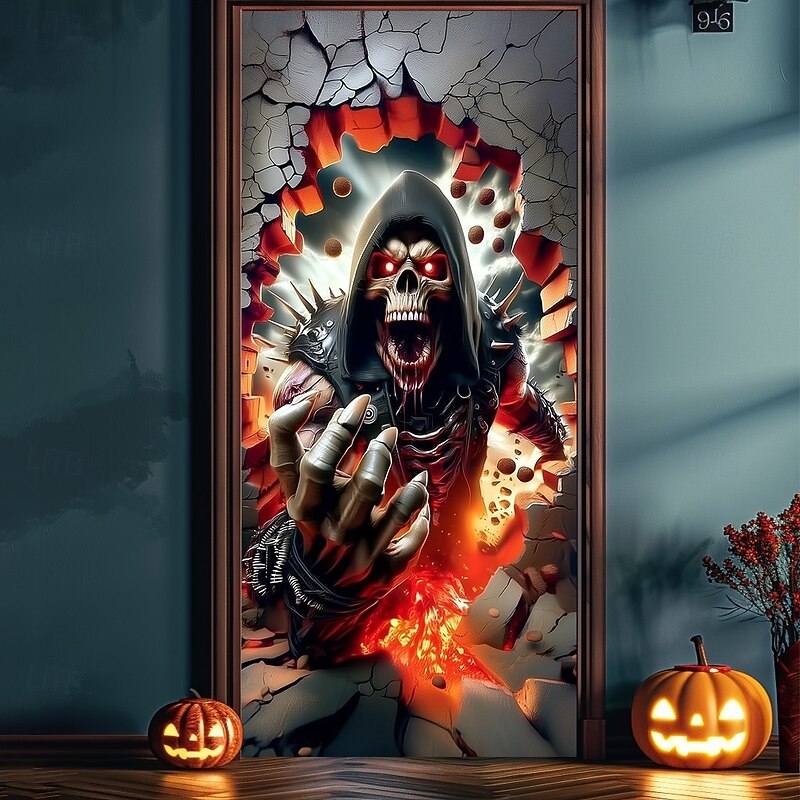 Halloween Door Cover – Skeleton Grim Reaper in Flames, Haunted House Entrance Banner, Horror Outdoor 2025 Halloween Decoration for Bedroom, Living Room, Bathroom3