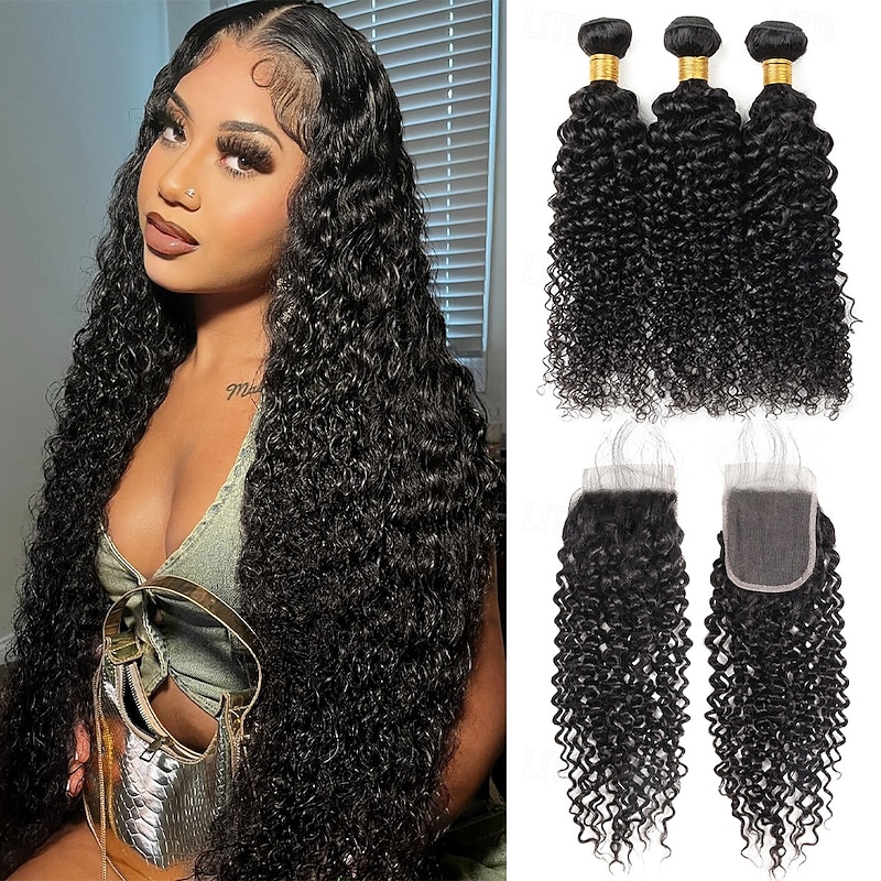 Curly Wave Human Hair Weave Extension 3 Bundles With Closure 4x4 Lace Closure hair 10-28 inch Black Women