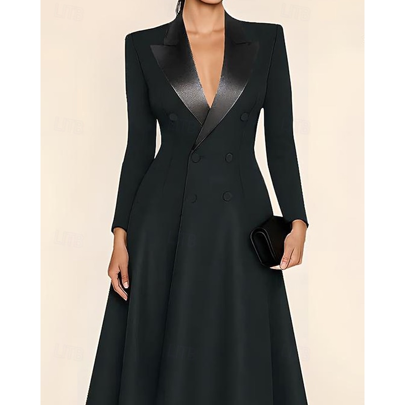Tuxedo Dress A-Line High-low Dress Satin Elegant Simple Long Sleeve Floor Length Peak Lapel Double Breasted2