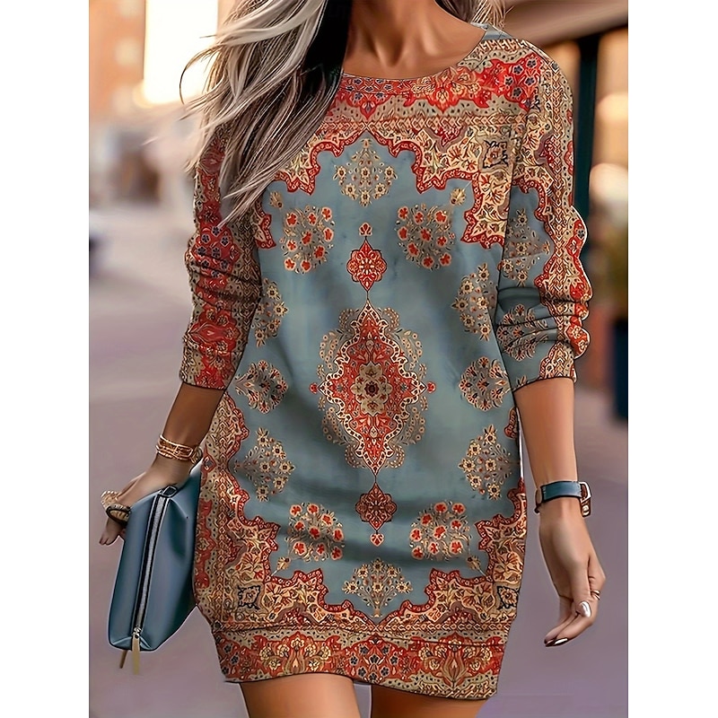 Women's Mini Dress Boho Dress Print Dress Fashion Modern Daily Holiday Date Regular Fit Floral Long Sleeve Crew Neck Red Spring Fall