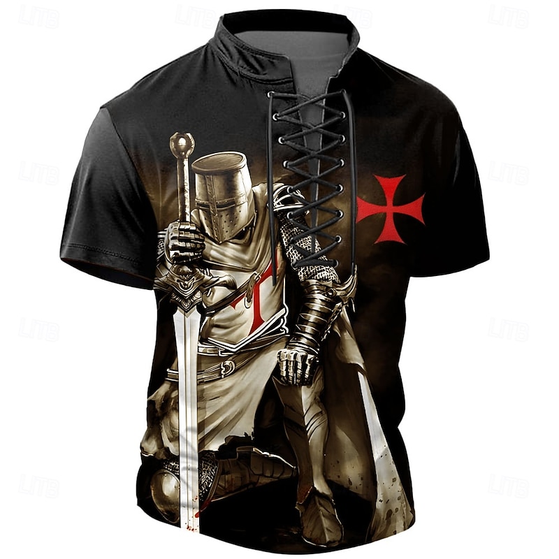 Halloween Men's Knights Templar Gothic Horror Henley Shirt T shirt Tee Short Sleeve T shirt 3D Print Crew Neck Lace Up Neck Henley Shirt Casual Street Sports Outdoor Casual Black Blue Green Summer4
