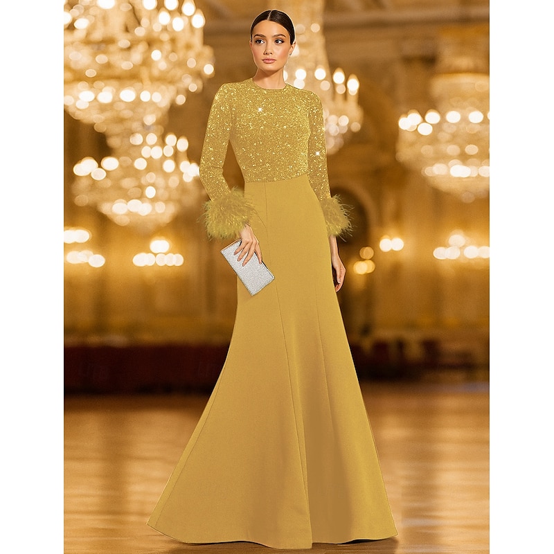 Red Black Tie Sequin Mermaid Evening Gown Elegant Dress Formal Wedding Floor Length Long Sleeve Crew Neck Stretch Crepe with Feather3