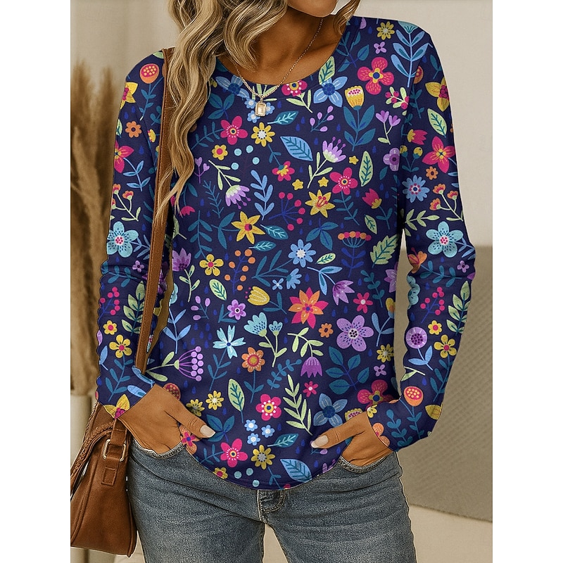 Women's T shirt Crew Neck Long Sleeve Tunic Floral Graphic Plants Vintage Stylish Classic  Round Neck Regular Tops Daily Print Red Blue Purple Brown Green Fall
