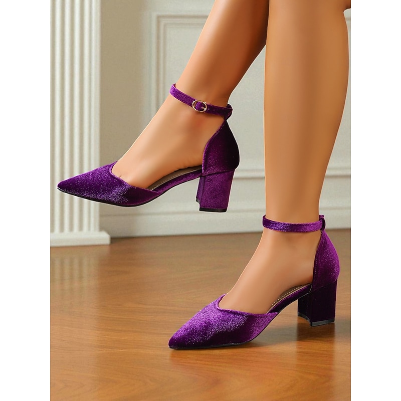 Women's Retro Velvet Purple Block Heel Pumps - Pointed Toe Ankle Strap Mary Jane Shoes for Party, Evening, and Vintage-Inspired Outfits